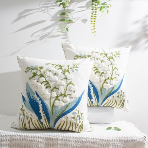 Blue Floral Embroidered Cushion Cover Decorative Sofa pillow for Home Decor | Hand Embroidery Floral Design, Invisible Zipper, Removable Washable Cushion Cover for Living Room Bedroom Home Decor