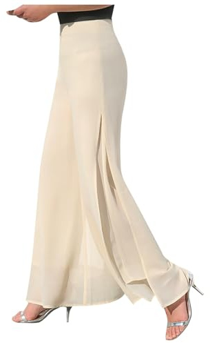 Generisch Pantalon en mousseline de soie légère avec taille haute élastique, pantalon fluide, jambe droite évasée, culotte de cocktail pour femme