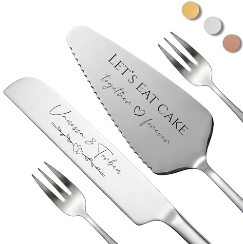 SMARTEON Let's Eat Cake Cake-Server Set mit Tortenmesser und Personalisierter Gravur – Geschenke für Brautpaar, Geburtstag, Jubiläum,Konfirmation,Kommunion, Muttertag (Silber+Gabeln, Lets eat Cake)