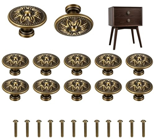 SEASJHBAY 12 Stück Möbelknöpfe Vintage – 32mm runde Schrankknöpfe mit Blumenmuster & Schrauben, antik-messingfarbener Knauf für Schrank, Schublade, Kleiderschrank – DIY Möbelbeschläge