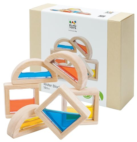 PlanToys Wasserblöcke - 6 Blöcken, 3 Wasserfarben - Holzspielzeug Farbtheorie - Spielzeug ab 3 Jahre - hergestellt aus chemikalienfreiem Gummibaumholz