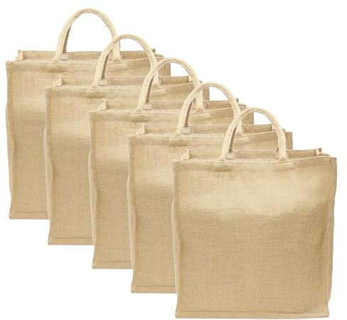 CleverDelights Jute Burlap Shopping Bags - 5 Pack - 16 x 17 x 8 - Reusable Travel Tote Bags - 16x17 Inch