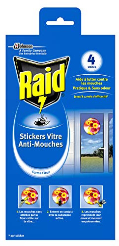 Raid Stickers Vitre Anti-Mouches, Efficacité 4 Mois, Forme Fleur, Insecticide, Lot de 4