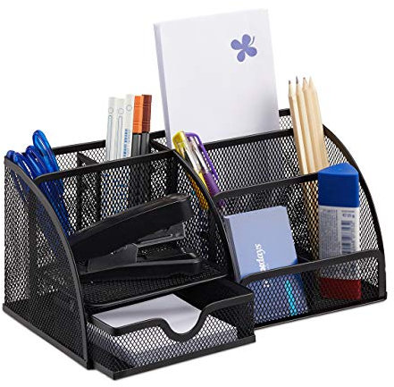 Relaxdays Schreibtischorganizer 6 Ablagen, kompakter Büroorganizer Metall, Schublade, Zettehalter, Stifteköcher, schwarz
