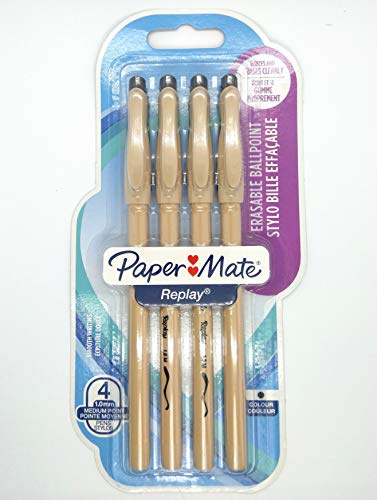Paper Mate Replay - Penna a sfera cancellabile, punta media, 1 mm, confezione da 4, colore: Nero