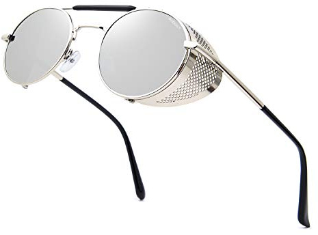 ANDOILT Steampunk Sonnenbrille Herren Damen Runde Retro Vitage Sonnenbrillen UV400 Schutz Metall Rahmen Silber Rahmen Silber Linse