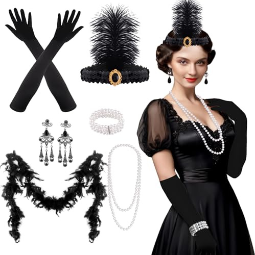 FEPITO 9 Pcs 1920s Accessories Set Flapper Headband Necklace Earrings Long Black Gloves Boa Theme Party Accessories for Women（Set G）