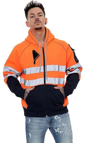 Janisramone® Hi Vis Reflektierende Jacke Herren, Arbeitsjacke Herren, Sweatshirt Jacke Herren, Fleece Arbeitspullover, Polyester-Elastan Bauwesen Hoodie
