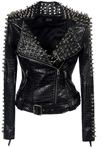 LFSS Women's Personality Punk Rock Rivets Motorcycle Leather Jacket Studded Perfectly Shaping Short Motobiker Coats (2XL, Black), XX-Large