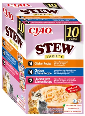 INABA Ciao Stew kattgodis med högkvalitativa ingredienser, rik på fukt och protein, lågt kaloriinnehåll, utan spannmål eller socker 40 g (paket med 10)