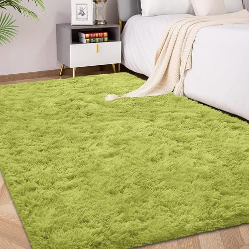 FVVRAX Fluffy Rugs Living Room Bedroom, Large Shaggy Green Rug 120x180cm | Machine Washable Rug Luxury Carpet, Non-Slip Non-Shedding Soft Floor Mat for Cosy Homes Nursery Dorm, Kids & Pets Friendly