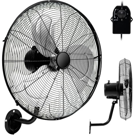 RELAX4LIFE Ventilateur Mural Industriel Dia.55CM à 3 Vitesses, Ventilateur Mural Oscillant 120W, Rotation Horizontale Verticale, Cadre en Fer et Pale en Alu (Noir)