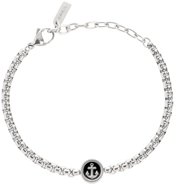 Breil, Collezione Ketch, Bracciale Uomo, con Elemento Centrale Tondo in Acciaio Bicolor con Simbolo dell'Ancora, Pratica Chiusura a Moschettone, Lunghezza Regolabile 17.5-22.5 cm, Silver e Black