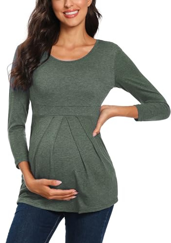 Love2Mi T-shirt de grossesse à manches courtes pour femme enceinte, tunique d'été, Vert foncé - L, XL