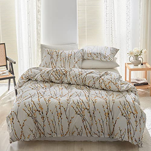 Damier Ropa de cama de 155 x 220 cm, 3 piezas, color blanco y amarillo, diseño de flores de ciruelo, suave y acogedora, funda nórdica moderna y romántica con cremallera y 2 fundas de almohada de 80 x