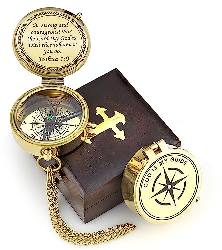 God is My Guide Kompass aus poliertem Messing, Geschenk mit Displaybox, gravierte Schrift, Gebetskompass, religiöses Geschenk für Männer und Frauen, Taufe, Konfirmation, Kommunion, Kompass für Jungen,