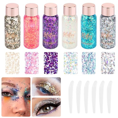 6 Stück Body Glitter Gel, Mermaid Sequins Chunky Glitter Liquid Gel, Glitzer Gesicht Körper, Glitzer für Gesicht Körper, Festival Glitzer Gesicht, für Musik Festival, Masquerade, Halloween