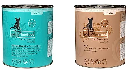 catz finefood N° 21 Wild & Rotbarsch Feinkost Katzenfutter nass & N° 9 Wild Feinkost Katzenfutter nass, verfeinert mit Kartoffel & Preiselbeere, 6 x 800g Dosen