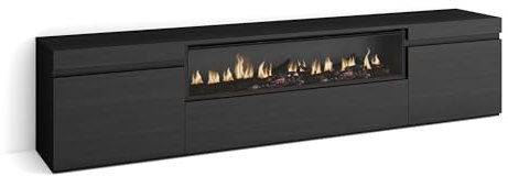 Skraut Home | Mobile TV Soggiorno | Ampio spazio a disposizione | 200x45x35cm | Per TV fino a 80 | Camino elettrico | Stile moderno | Nero