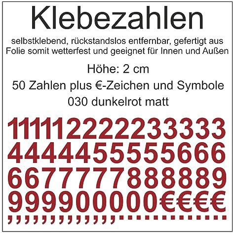 Aufkleber Sticker Klebezahlen Klebezahl Zahlen Zahl Nummern aus Folie 50 Zahlen rot dunkelrot matt Höhe 2 cm selbstklebend wetterfest Nummerierung Preisauszeichnung Beschriftung Modellbau verzieren