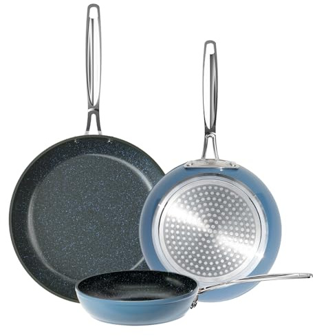Nuwave 3-Piece 8”, 10”, 12” Forged Lightweight Frying Pan Set, G10 Healthy Duralon Blue Ceramic Ultra Non-Stick, Ergonomic Stay-Cool Handles, Induction-Ready & Works on All Cooktops