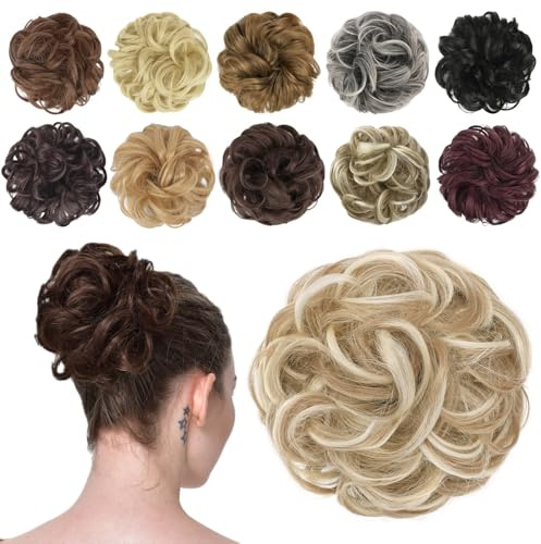 FESHFEN Haarteil Mit Gummiband Blond, Dutt Haarteil Haargummi Mit Haaren Gelockt Haardutt Dreckige Blonde Synthetisch Haar Haarverlängerung Pferdeschwanz Haarteile für Damen Mädchen, 42g