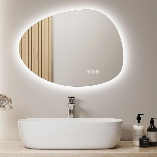 S'AFIELINA Badspiegel mit Beleuchtung 45 × 60 × 2,5 cm (H×B×T)Rund Asymmetrischer Spiegel mit Touch-Schalter, Dimmbar, 3 Lichtfarbe Einstellbare, Beschlagfrei, Speicherfunktion Spiegel mit Beleuchtung