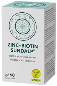 SUNDALP Zinc + Biotin | Integratore Capelli, Unghie e Pelle per la Salute dei Tessuti Epidermici | Integratore Alimentare a Base di Zinco e Biotina - 60 Capsule