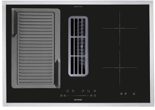 Oranier FlexX-Induktionskochfeld 80 cm KFA490 mit Kochfeldabzug - großes Kochfeld mit Abluft-Umluft & Grillplatte gerillt & Edelstahl Kochfeldrahmen