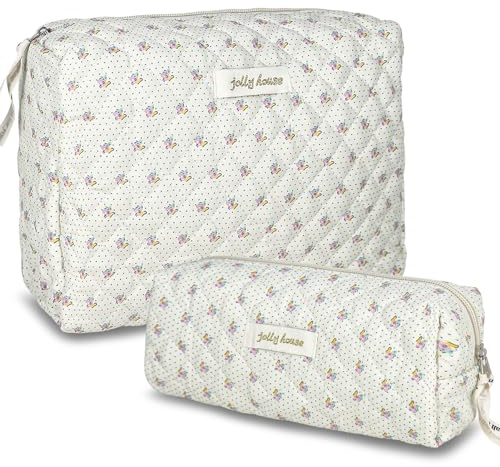 TOPALL Reise Kosmetiktasche Set Damen,Blumen Kosmetiktasche Aesthetic Make Up Bag Tasche Gesteppte Kulturtasche Beauty Case Baumwolle,Groß Schminktasche Travel Essentials Aesthetic Stuff Clean Girl