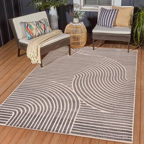 Mazovia Outdoor-Teppich Balkon 140x200cm Anthrazit Grau Geometrisch Elegant | Balkon Teppich für Terrasse Garten Wetterfest Pflegeleicht UV-Beständig Tierfreundlich Wasserabweisend Kurzflor Robust Modern