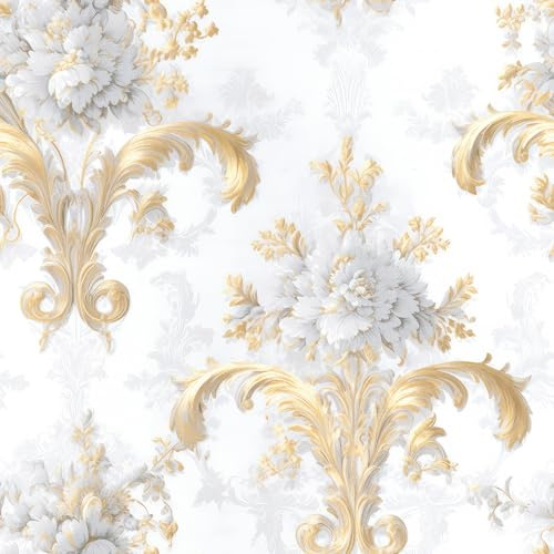 REDAMANCY Boho Golden White Damask Flower Wallpaper, Peel and Stick, Easy to Remove, Renter-Friendly, 17.7x236}