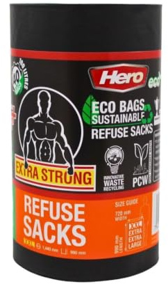 Hero Eco 100l Heavy Duty Bin Bags - 40 bags per roll - Large Extra Strong Heavy Duty Sacks Made from Recyled Landfill Ideal for Home, Office, Garden, Commercial & Builders