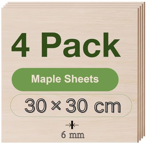 ROBOTIME Tablero Madera Contrachapada 6mm Arce 30×30cm 4 Piezas Tablero de Madera a Medida Para Bricolaje,Pirograbado Corte por Laser CNC Router Modelado