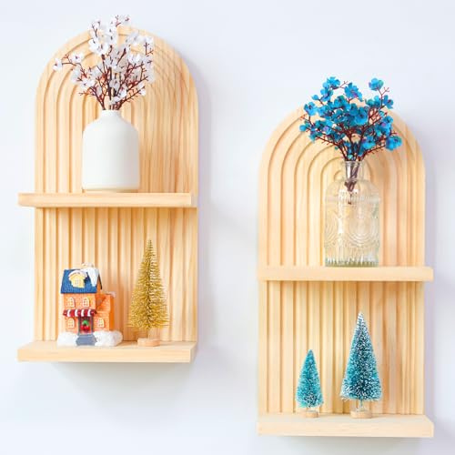 YiYa 2 Stück Moderne Boho Wandregal Wandbehang Regal Wand Böhmisches Hängeregal Boho Holz Regenbogen Wandregale für Kunst Wohnzimmer Bauernhaus Kinderzimmer Wanddekoration
