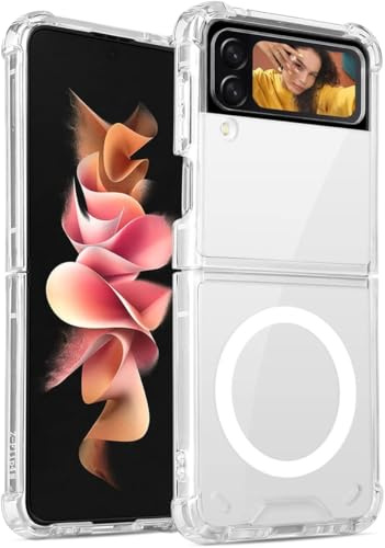 AOERFASI pour Samsung Galaxy Z Flip 4 Étui Pliable Transparent, Compatible Magsafe, Coque magnétique, résistant aux Chutes, au jaunissement et aux Rayures sur Tous Les Coins