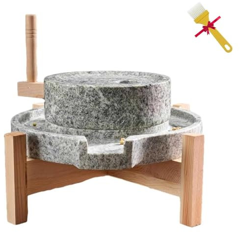 ANGDI Hand Grain Mill Stone Grinder, Manual Food Paste Mill, Wet/Dry Grain Mill with Wooden Stand, Small Spice Pulverizer, Food Wheat Berry Rice Mill, for Barley, Spice, Rice, Sesame(9.8x13.8inch)