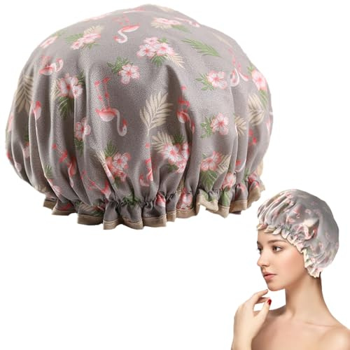 Doppelschichtige Duschhaube für Damen, wasserdicht, wiederverwendbar, Gummiband, gerüschte Kanten, bedeckt Ohren für langes, kurzes und lockiges Haar (grauer Flamingo)