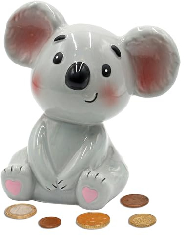 Sparfigur, Spartier, Spardose, Sparbüchse, Kinderspardose, Sparschwein als Koala in grau, aus Keramik mit wiederverschließbarem Gummistopfen, L/B/H 14 x 9 x 15 cm.