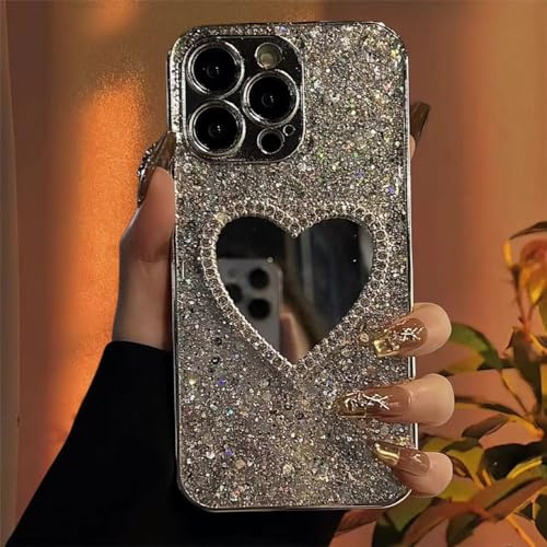 ADKOT Luxury Bling Glitter Plating 3D Love Heart Mirror Sequins Case For iphone 16 14 15 13 12 Pro Max 11 Lens Protection Cover,Silver,For iPhone 16Pro