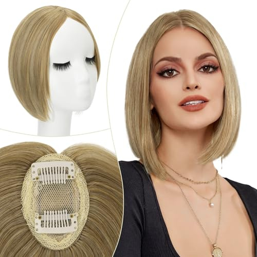 Elailite Hair Topper Donna Marrone Cenere/Biondo Platino per Capelli 2 Clip in Posticci Middle Parting Toupet Toupee Protesi (Base 7.5cm*5cm) Lunghi 25cm Pesa 30g