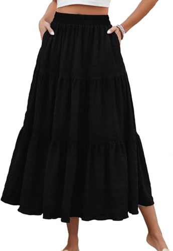 HUSKARY Maxi Skirts for Women 2025 Summer Flowy Long Tiered Tiered Skirt Loose Ruffle Layered Elegant Teacher Skirts,Black,Small