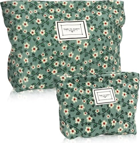 Damen Kosmetiktasche Set, Kulturbeutel Klein & Groß aus Cord - Multifunktionaler Make-up Organizer, Waschtasche für Reisen, Schminktasche für Frauen & Mädchen - Dunkelgrün