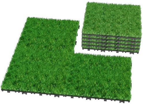 PEILU Kunstrasen Terrassenfliesen 30x30cm Rasenteppich Fliesen Balkon Klickfliese Dielen in PE Kunstgrast Terrassen aufschneidbar 11er Set Bodenfliesen für 1m² Außen Balkon Terrasse Garten Teiche