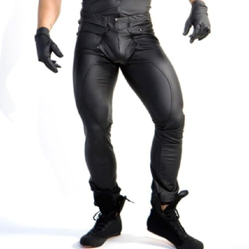 Slim Fit Herren PU Leder Hose Modern Style Wetlook Leggings Ideal für Nachtleben Events (L Schwarz)
