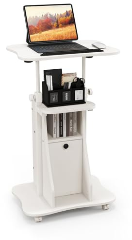 COSTWAY Scrivania Regolabile in Altezza con Ruote, Standing Desk Mobile con Piano Inclinabile e Scomparti, Scrivania per Laptop Ergonomica con Rotelle per Ufficio e Casa (Bianco)