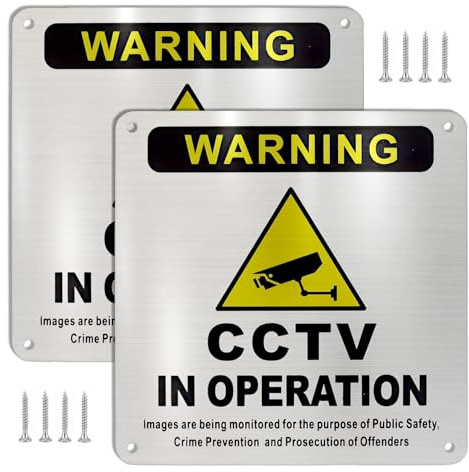 CCTV in Operation Sign, 15x15cm Aluminium CCTV Sign Outdoor, Pack of 2 | Self Adhesive Safety Signs with 4 Pre-Drilled Holes for Security, Camera, Closed Circuit TV, Warning Safety
