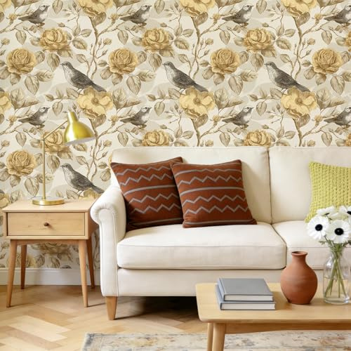 VaryPaper Goldene Blumentapete Vintage Fototapete Vogel 44.5cmx200cm Klebefolie Blumen Möbelfolie Vintage Selbstklebend Tapete Muster Schlafzimmer Wohnzimmer Badezimmer Kommode Schrankfolie