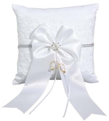 APLZGMG Wedding Ring Bearer Pillows, White Vintage Bowknot Ring Bearer Cushion Lace Pearl Rings Bearers Wedding Pillows for Weddings Party Decoration Proposal Ceremony (7.87'' x 7.87'')