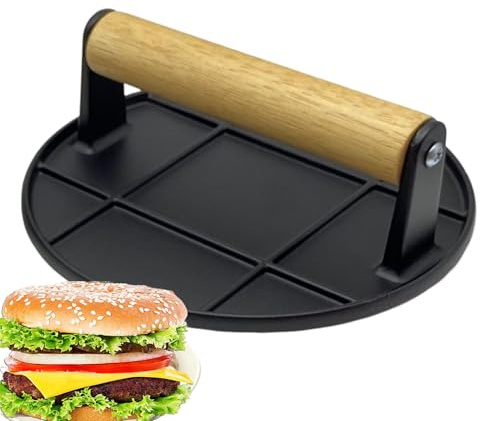 Presse à hamburger en fonte de 16 cm, outil de broyage professionnel à dessus plat avec poignée | Presse à hamburger, bacon, sandwich, cuisine, camping, barbecue, pour une utilisation quotidienne à la